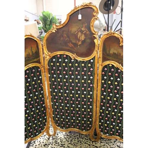 117 - Decorative French style floor screen with gold painted frame and painted scene, approx 152cm H x 45c... 