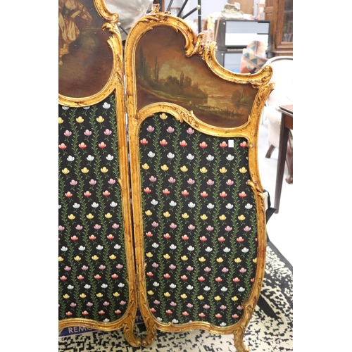 117 - Decorative French style floor screen with gold painted frame and painted scene, approx 152cm H x 45c... 