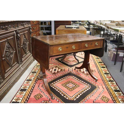 127 - Antique Regency revival sofa table, fitted with two drawers, string inlaid decoration, approx 73cm H... 