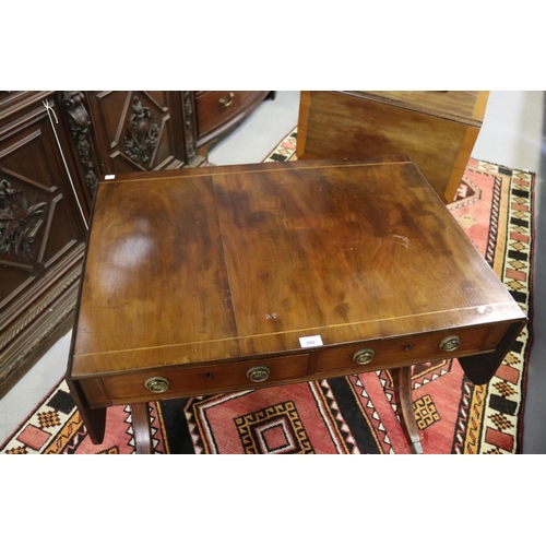 127 - Antique Regency revival sofa table, fitted with two drawers, string inlaid decoration, approx 73cm H... 