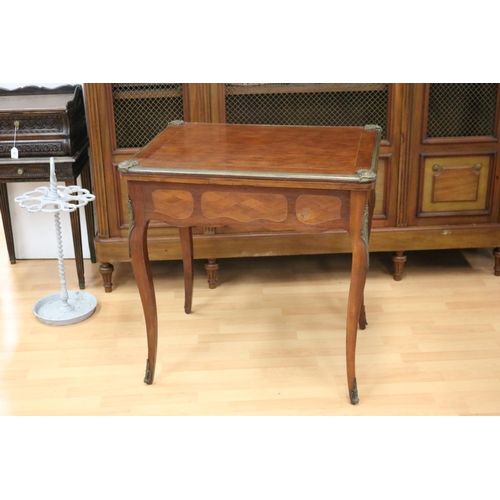 130 - Antique French Louis XV style fold over games table, with inlaid lattice decoration to the top, all ... 