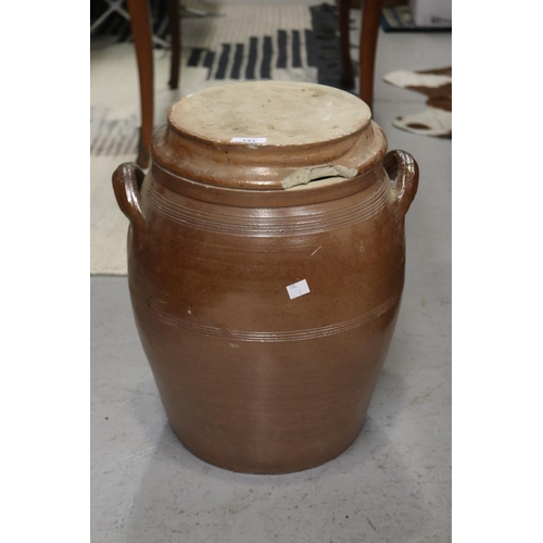 143 - Large French twin handled confit pot with lid (lid damaged), approx 45cm H