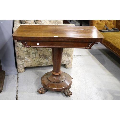 145 - Antique English fold over card table with hairy paw feet, approx 76cm H x 92cm W x 45cm D (closed) o... 