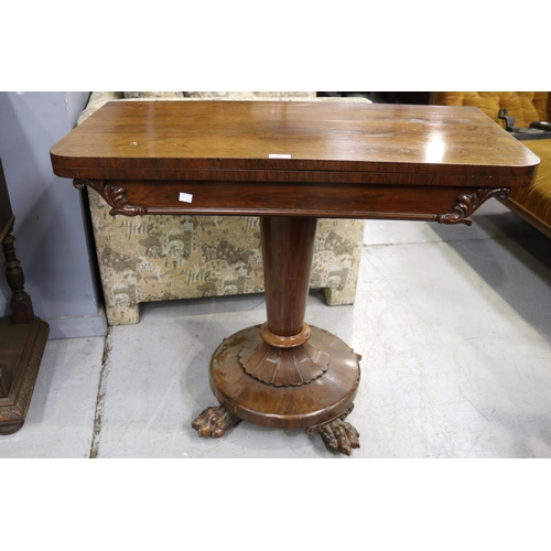 145 - Antique English fold over card table with hairy paw feet, approx 76cm H x 92cm W x 45cm D (closed) o... 