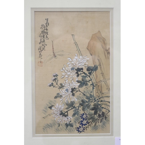 171 - Japanese two framed panels of peonies, approx 43cm x 54cm (frame size)