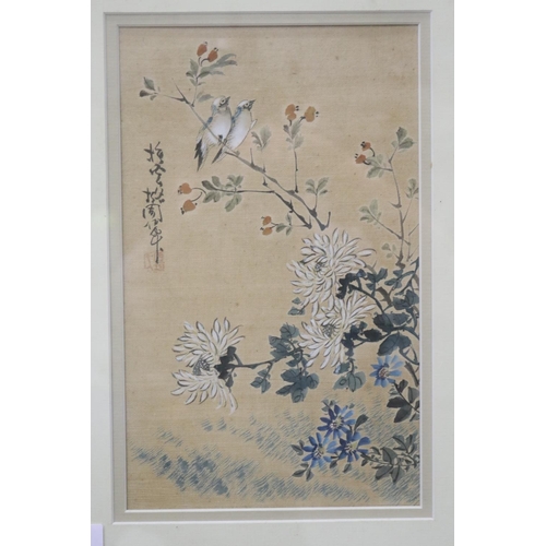 171 - Japanese two framed panels of peonies, approx 43cm x 54cm (frame size)