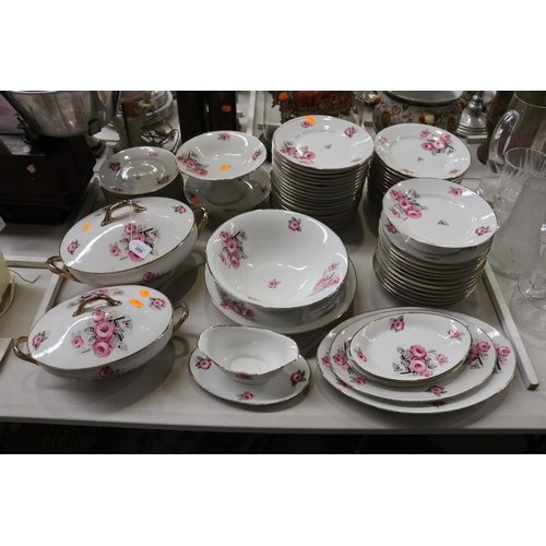 180 - Extensive French Art Deco porcelain dinner service decorated with pink and black flowers