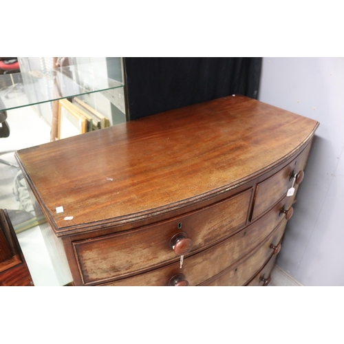 184 - Antique English mahogany bow front chest of five drawers, fluted cup feet, approx 107cm H x 116cm W ... 