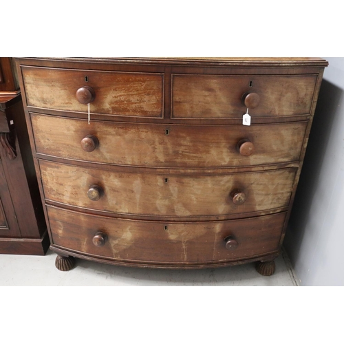 184 - Antique English mahogany bow front chest of five drawers, fluted cup feet, approx 107cm H x 116cm W ... 