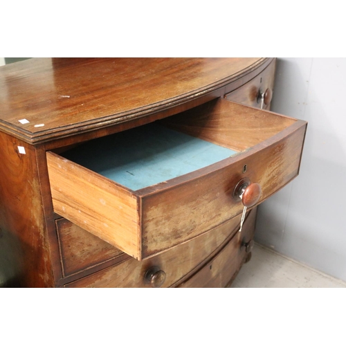 184 - Antique English mahogany bow front chest of five drawers, fluted cup feet, approx 107cm H x 116cm W ... 