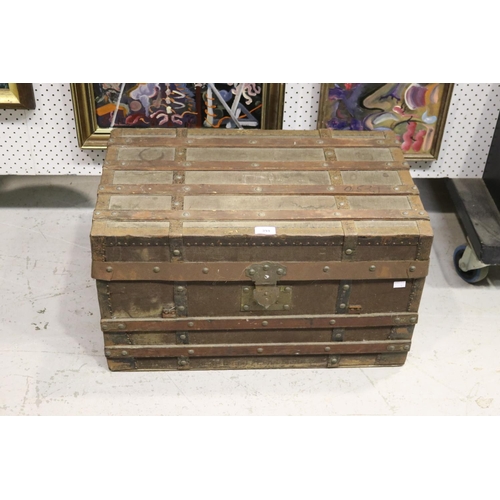 195 - Antique wooden slated canvas covered travel trunk, approx 37cm H x 65cm W x 40cm D