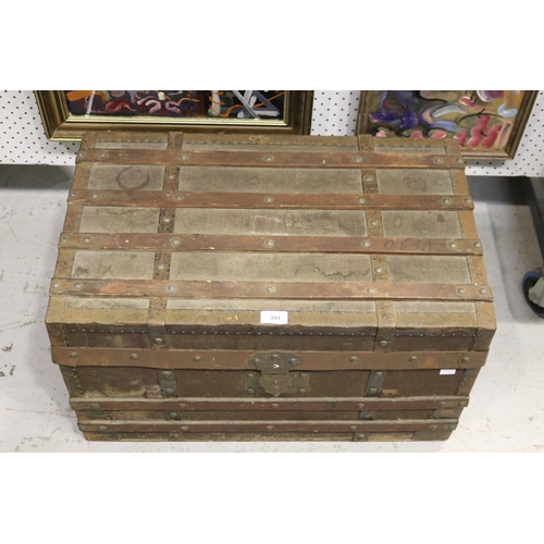 195 - Antique wooden slated canvas covered travel trunk, approx 37cm H x 65cm W x 40cm D