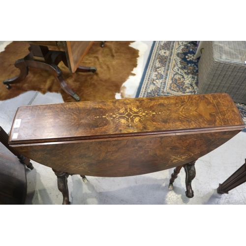 235 - Antique English drop side table, with inlay decoration, approx 72cm H x 19cm W (closed) x 88cm D