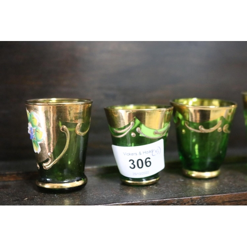 34 - Five small green glass shot glasses with painted and gilded decoration, approx 6cm H and shorter (5)