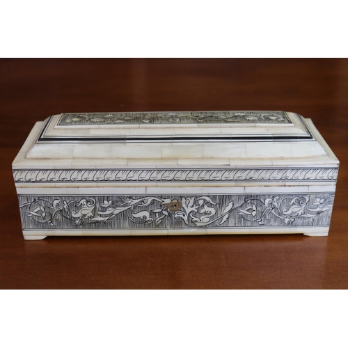 67 - Indian sectional Vizagapatam bone lidded box, approx 10cm H x 29cm W x 11cm D