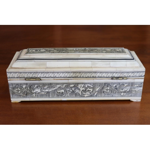 67 - Indian sectional Vizagapatam bone lidded box, approx 10cm H x 29cm W x 11cm D