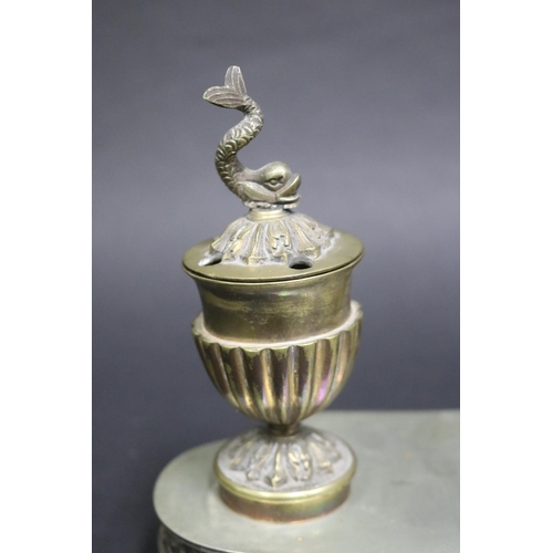 88 - Antique Spanish double pot inkstand with figural dolphin finials to lids, impressed marks to base, L... 