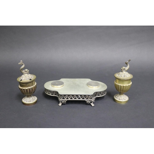 88 - Antique Spanish double pot inkstand with figural dolphin finials to lids, impressed marks to base, L... 