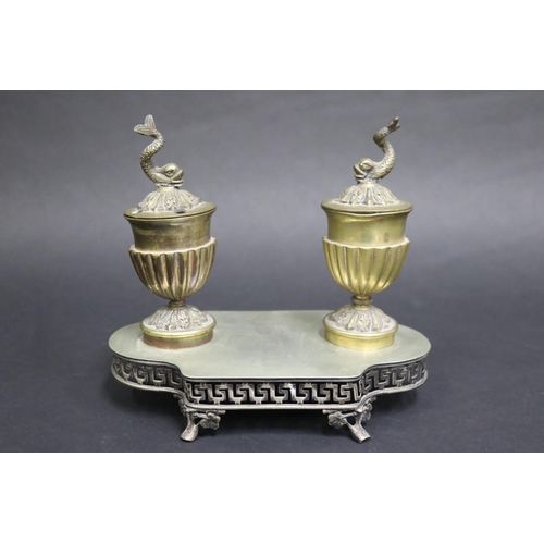 88 - Antique Spanish double pot inkstand with figural dolphin finials to lids, impressed marks to base, L... 