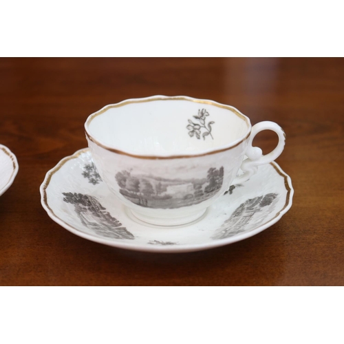 95 - Pair of antique porcelain cups & saucers, decorated with panelled scenes to either side, unmarked bu... 