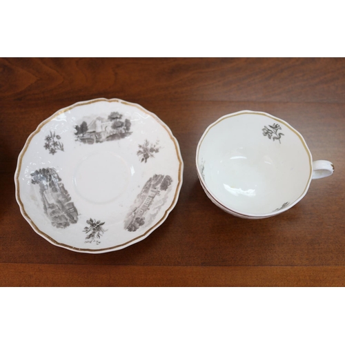 95 - Pair of antique porcelain cups & saucers, decorated with panelled scenes to either side, unmarked bu... 