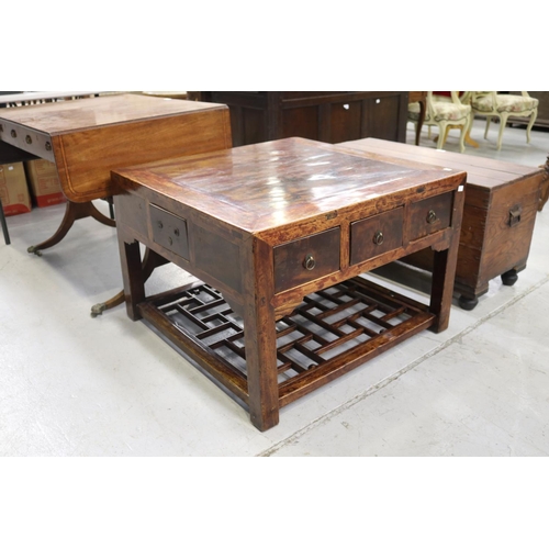 Large Chinese coffee table with drawers and fret work shelf, approx