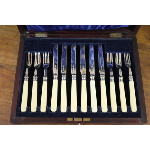 51 - Antique set of silver plated fruit knives and forks for six in case, case approx 6cm H x 31cm W x 23... 