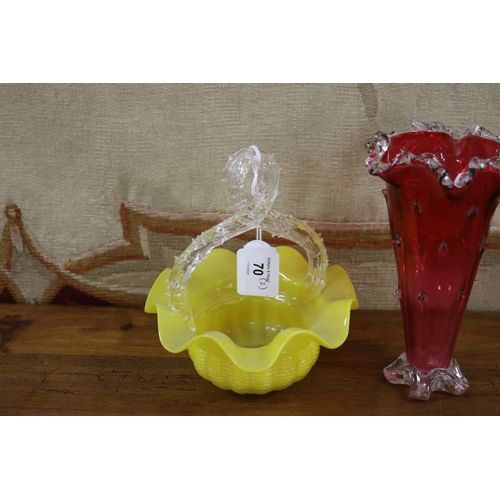 70 - Two art glasses, one basket form and the other trumpet vase, approx 17cm H and shorter (2)