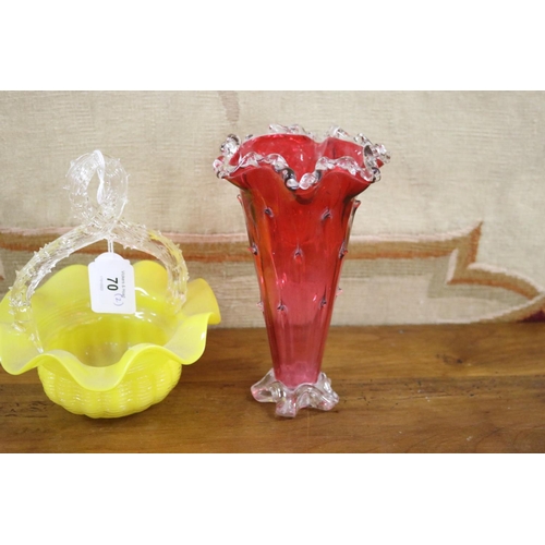 70 - Two art glasses, one basket form and the other trumpet vase, approx 17cm H and shorter (2)