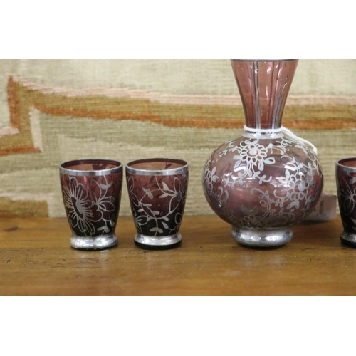 98 - Amethyst overlay five piece drink set, approx 10cm H and shorter (5)