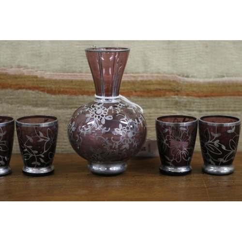 98 - Amethyst overlay five piece drink set, approx 10cm H and shorter (5)