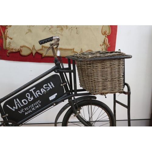 7 - Vintage English Mansfield delivery bicycle, with sign mounted to frame, & old woven basket to front,... 