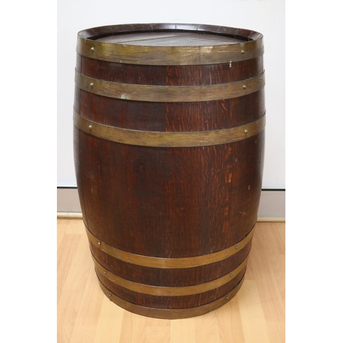 60 - Large English oak barrel with brass banding, approx 71cm H x 46cm dia
