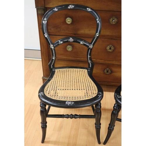 61 - Pair of antique ebonized petite side chairs with mother of pearl inlay & cane seats (2)
