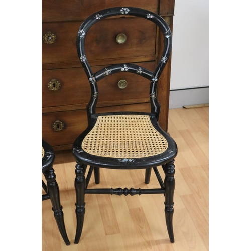 61 - Pair of antique ebonized petite side chairs with mother of pearl inlay & cane seats (2)