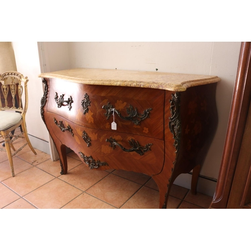 26 - Good quality vintage French Louis XV revival marble topped commode, floral marquetry two drawers, al... 
