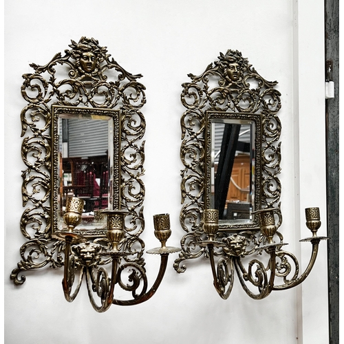 46 - Pair of antique French brass sconces with mirrors, approx 49cm x 24cm (2)