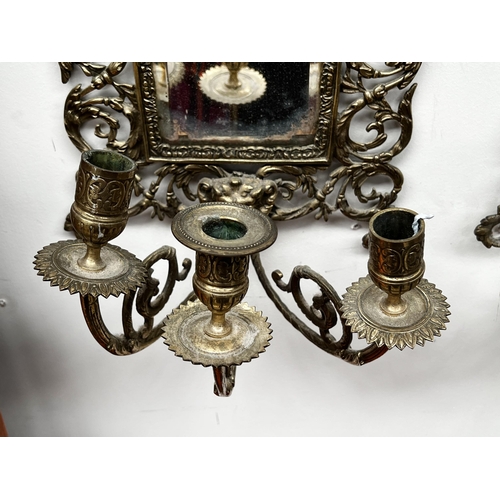 46 - Pair of antique French brass sconces with mirrors, approx 49cm x 24cm (2)