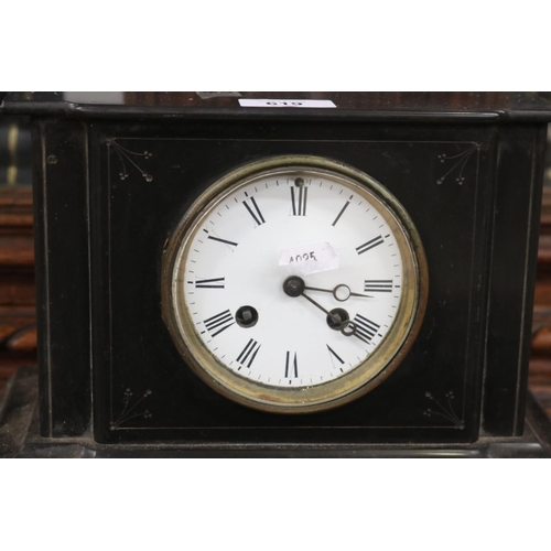 62 - Antique French black slate mantle clock, no key and no pendulum, unknown working condition, chip to ... 