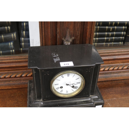 62 - Antique French black slate mantle clock, no key and no pendulum, unknown working condition, chip to ... 