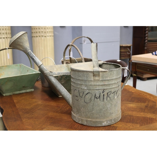 91 - Vintage French gal metal watering can with rose, approx 47cm H x 60cm W