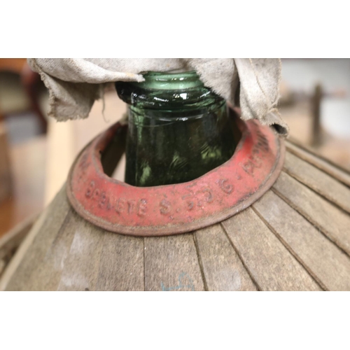 103 - Vintage French winemakers glass bottle with wooden crate, approx 46cm H x 33cm Dia