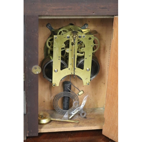 120 - Antique Ansonia mantle clock, unknown working order, has key and pendulum (in office D2829-1-11), ap... 