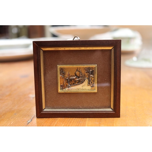 133 - Framed miniature of a street, possibly silver, approx 9cm x 9.5cm frame size