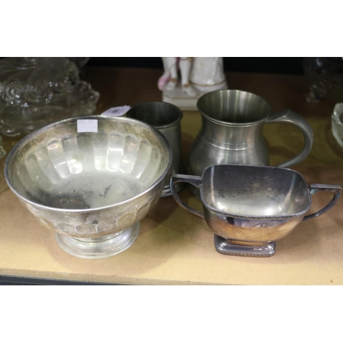 159 - Two pewter tankards along with a silver plate sugar bowl and silver plate slops bowl, approx 12cm H ... 