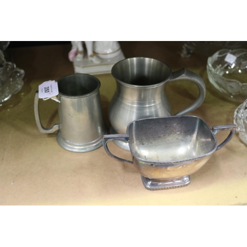 159 - Two pewter tankards along with a silver plate sugar bowl and silver plate slops bowl, approx 12cm H ... 