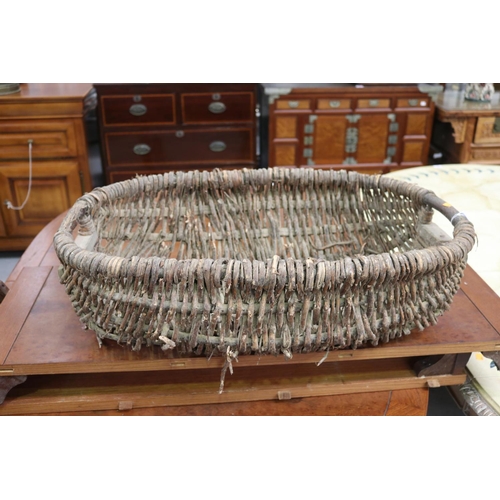 242 - Large old French basket, damages, approx 23cm H x 75cm W x 48cm D