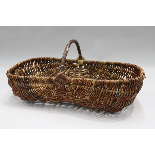 102 - French woven pickers basket, approx 28cm H (including handle) x 62cm W x 30cm D