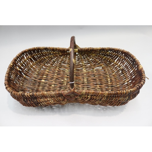 102 - French woven pickers basket, approx 28cm H (including handle) x 62cm W x 30cm D