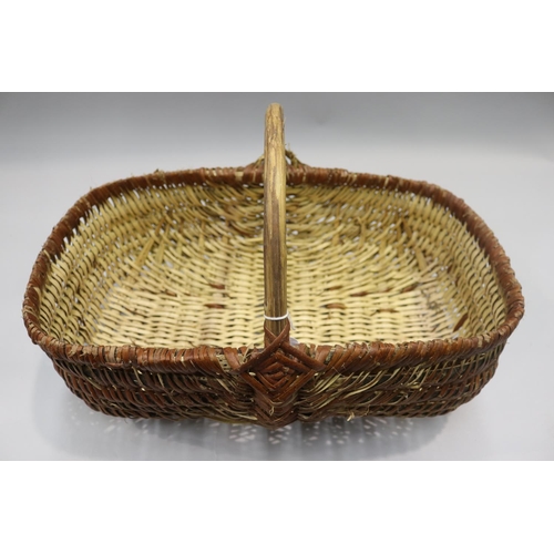 104 - French woven pickers basket, approx 35cm H (including handle) x 55cm W x 35cm D